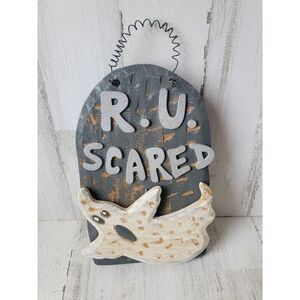 Wooden R U Scared hanging ghost sign Halloween popcorn